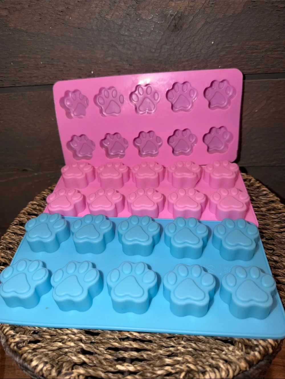 Set of 3 Silicone Molds Pink & Blue Paw & Bone Food or Craft Molds Bake Freeze
